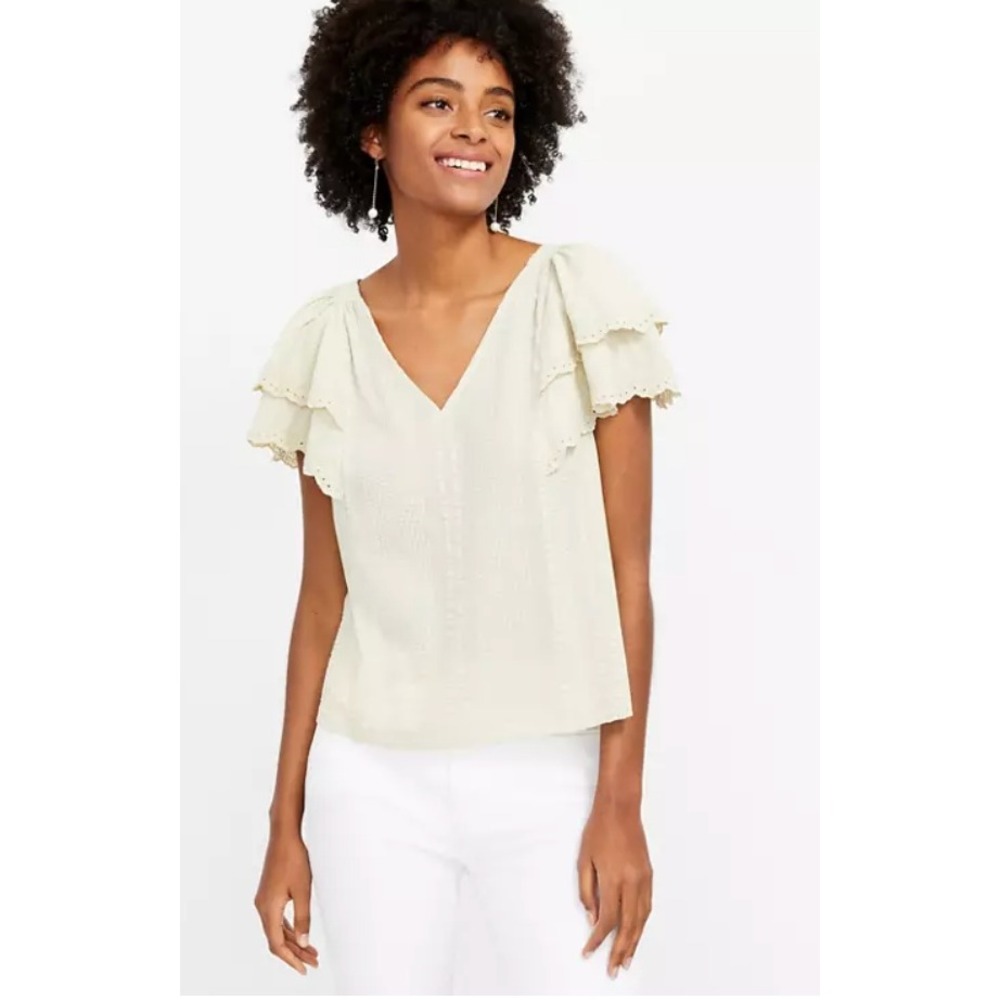 Loft Women's Sz Large 100% Cotton V-Neck Ruffle Sleeve Eyelet Trimmed‎ Blouse